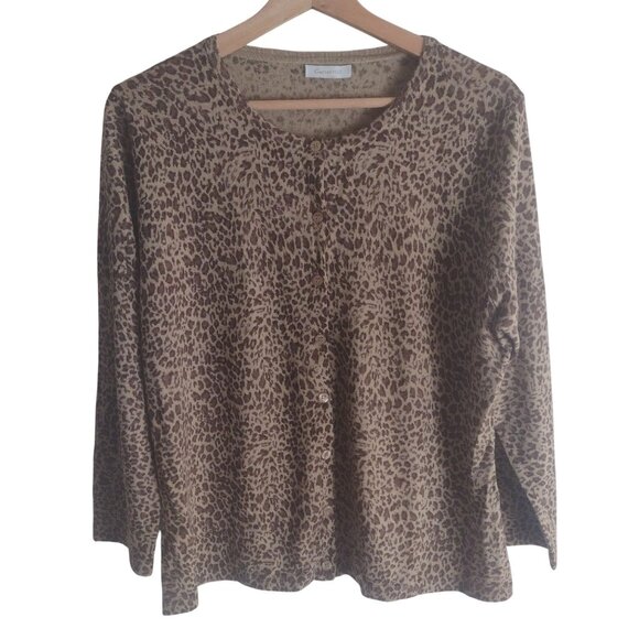Garnet Hill Leopard Print Cardigan L XL 100% Merino Wool Warm Lightweight Sweate - Picture 8 of 8